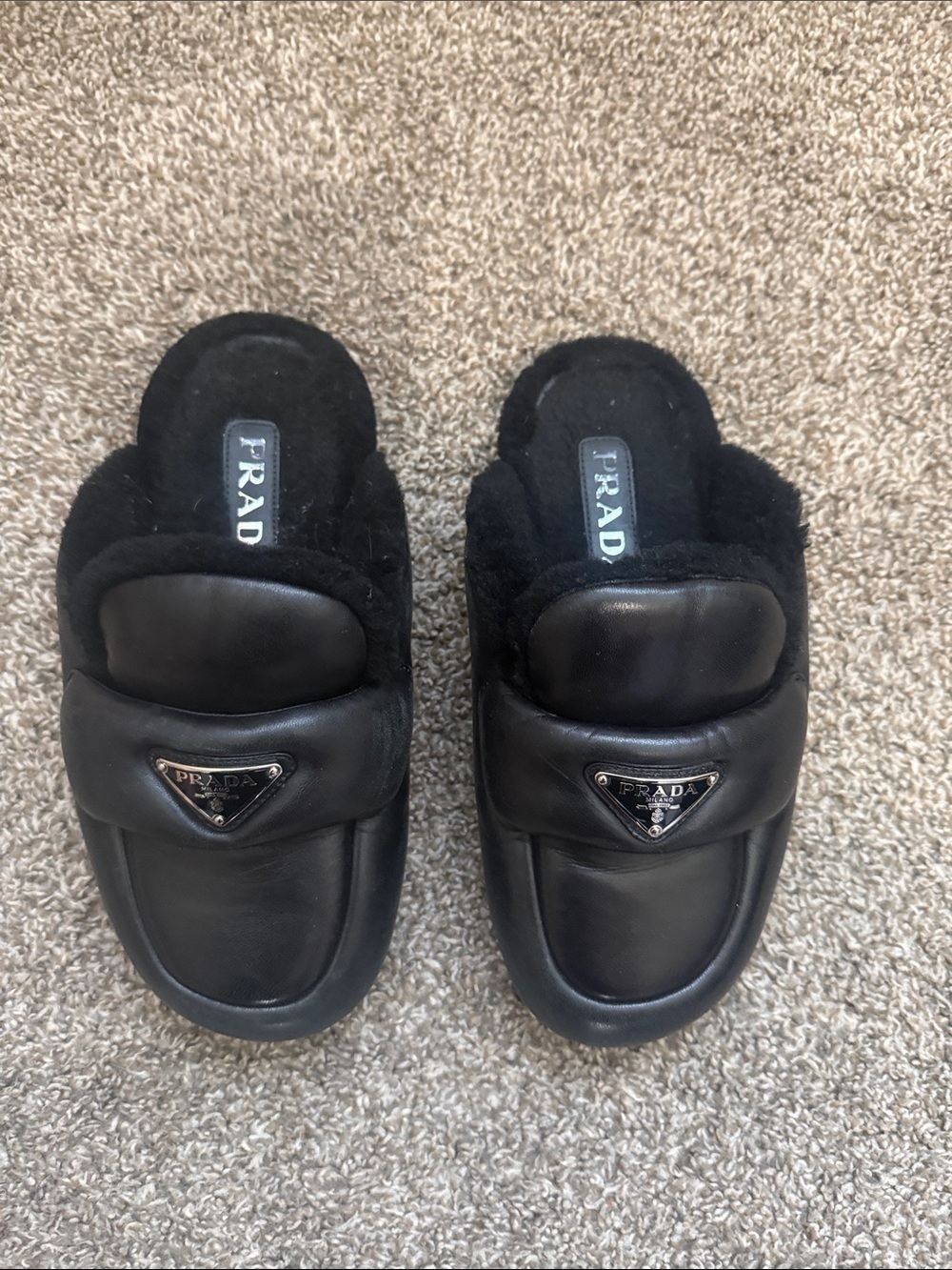Prada Black Leather Shearling Mule Loafers with Logo Plaque